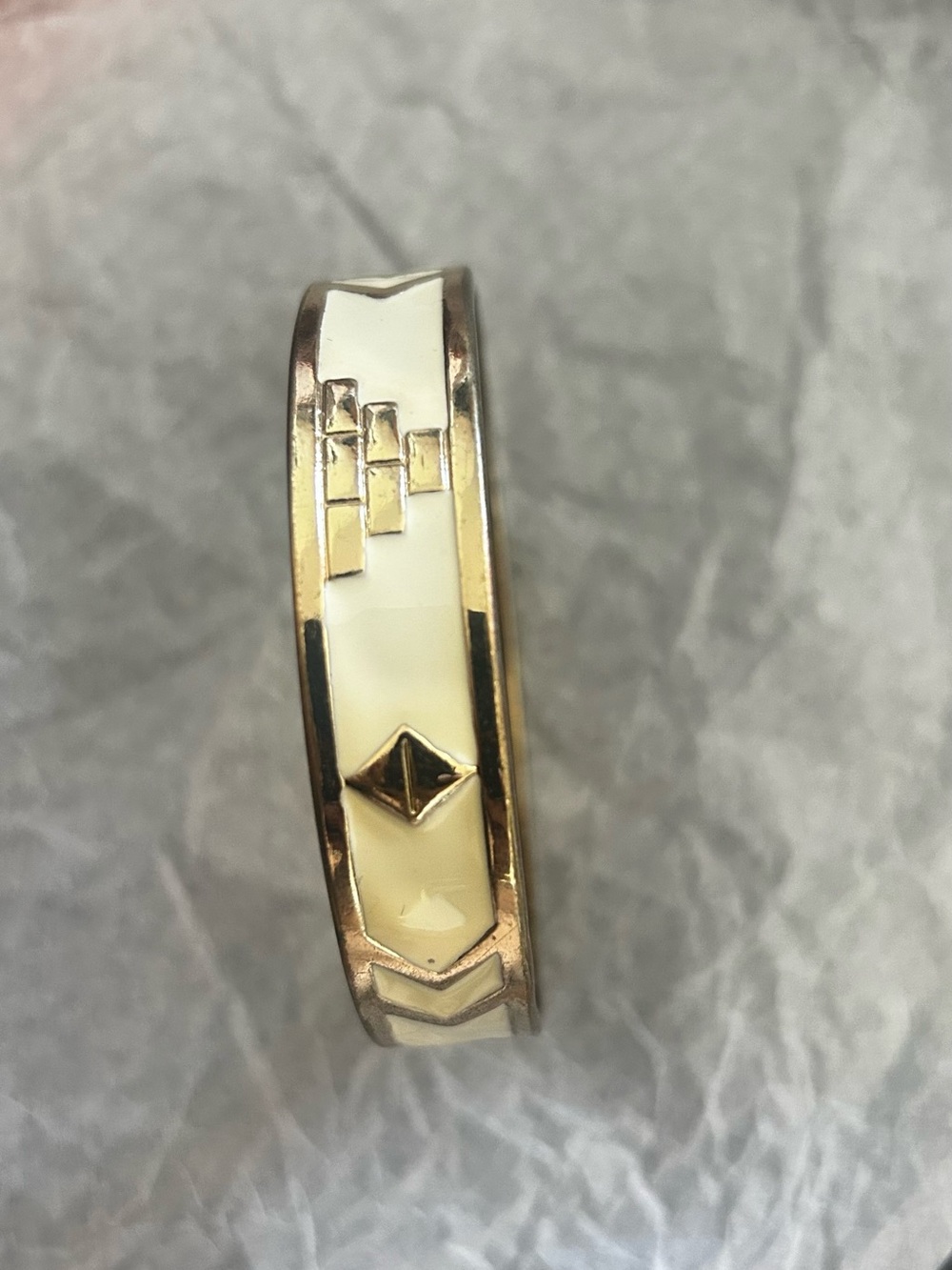 Vintage Gold-Tone Cream Enamel Geometric Bangle Bracelet